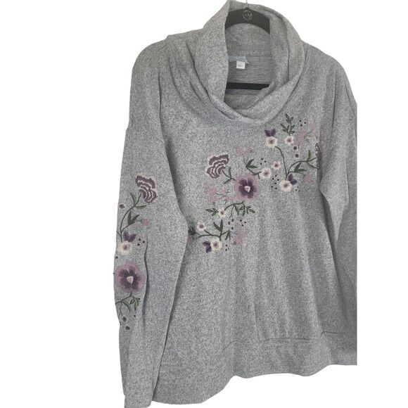 Sunday Cowl Neck Sweater L Womens Grey Floral Embroidered Long Sleeve Pullover - Picture 2 of 10